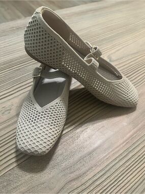 Knit Mary Jane Ballet Flats in Light Beige - Women's Comfortable Slip-On